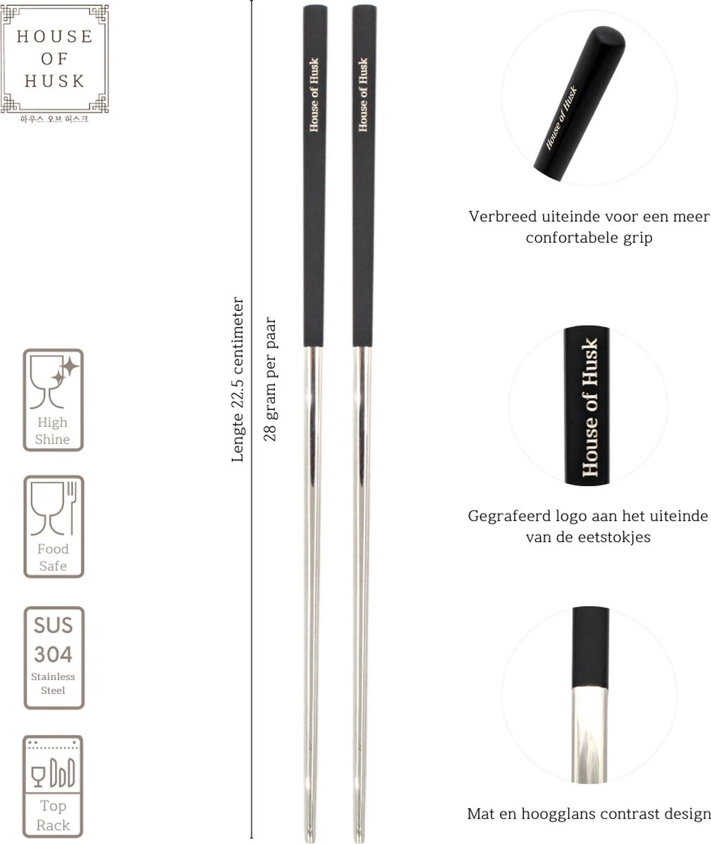 House Of Husk Chopsticks Set - Koreaanse Eetstokjes - Vaatwasserbestendig - RVS - 5 Paar - Duo Tone - Zwart Zilver 2 House Of Husk Chopsticks Set - Koreaanse Eetstokjes - Vaatwasserbestendig - RVS - 5 Paar - Duo Tone - Zwart Zilver - Afbeelding 2