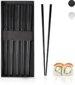 Dymund® Chopsticks - 5 Persoons Eetstokjes Set - Herbruikbaar - RVS - Zwart