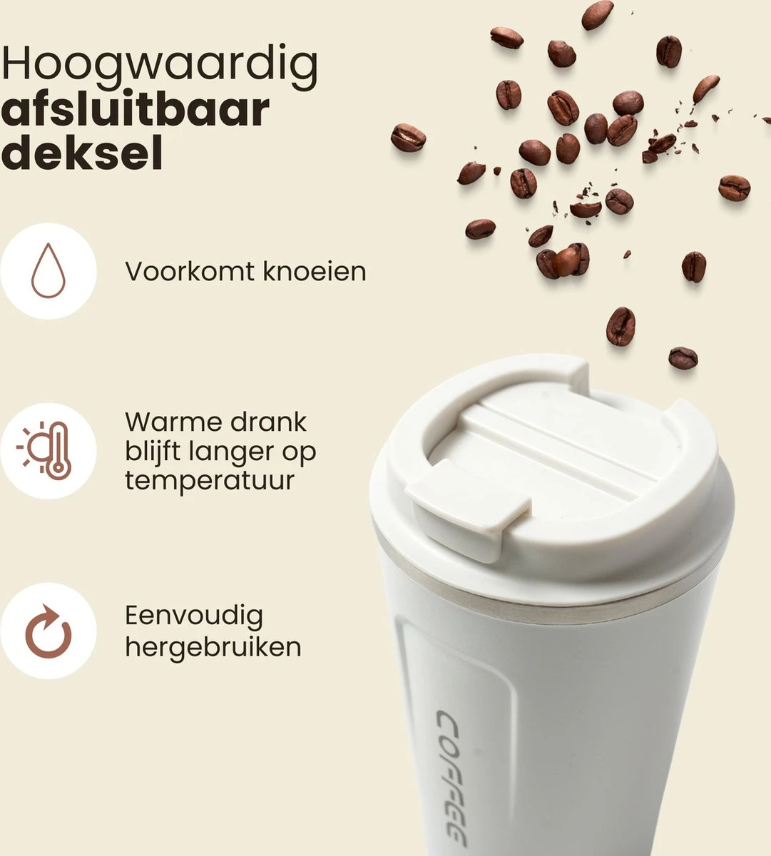 LaCardia Koffiebeker To Go Premium Wit – Thermosbeker – Theebeker – 380ML – Herbruikbaar 2 LaCardia Koffiebeker To Go Premium Wit – Thermosbeker – Theebeker – 380ML – Herbruikbaar - Afbeelding 2