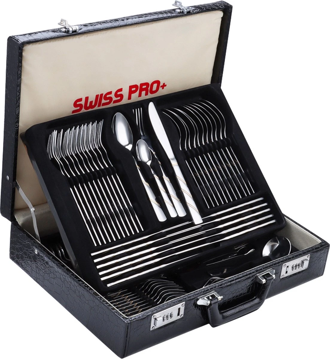Swiss Pro+ Bestekset In Koffer-72 Delig-12 Persoons-Zwitsers Kwaliteit-Complete Set-100% Roestvrijstaal-Modern Gold 1 Swiss Pro+ Bestekset In Koffer-72 Delig-12 Persoons-Zwitsers Kwaliteit-Complete Set-100% Roestvrijstaal-Modern Gold