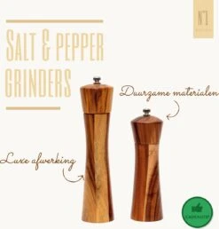 Peper En Zoutmolen Set - 22CM - Pepermolen - Zoutmolen - 2 Stuks - Acacia Hout - Instelbare Maalgraad - Duurzaam - Luxe Kwaliteit - Hervulbaar - Barbecue - BBQ Accesoires - Zout Peper Kruiden - Sinterklaas - Kerst -Keukenheld Verkoopwinkel 1151x1200