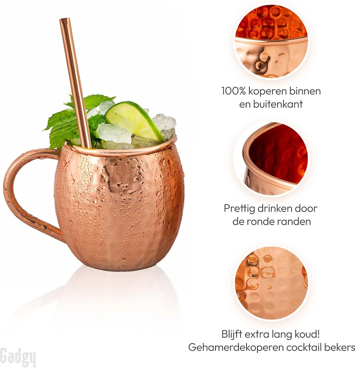 Gadgy Moscow Mule Bekers Set - 100% Koper - Cocktailset : 2 Cocktailglazen, 2 Rietjes & 1 Barmaatje 2 Gadgy Moscow Mule Bekers Set - 100% Koper - Cocktailset : 2 Cocktailglazen, 2 Rietjes & 1 Barmaatje - Afbeelding 2