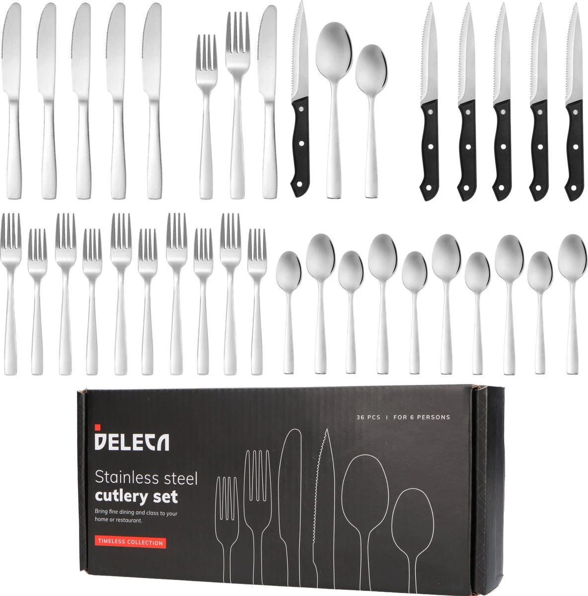Deleca 6 Persoons Bestekset (36-delig) - Lepels, Messen, Vorken & Steakmessen - Vaatwasserbestendig - Zilver / RVS 1 Deleca 6 Persoons Bestekset (36-delig) - Lepels, Messen, Vorken & Steakmessen - Vaatwasserbestendig - Zilver / RVS