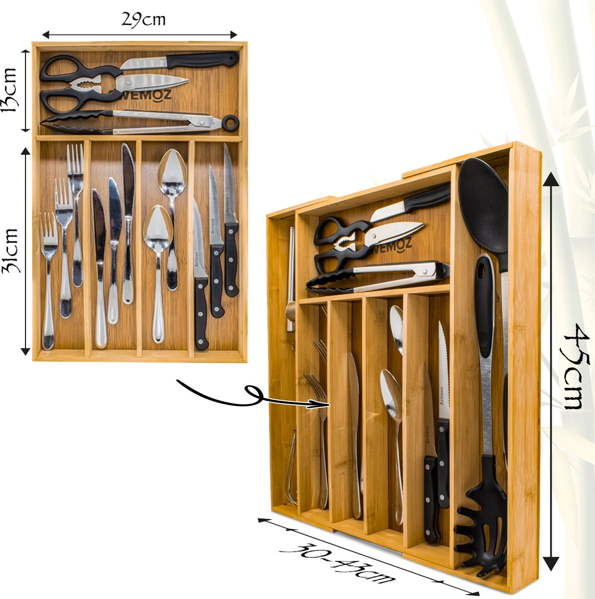 AWEMOZ Bestekbak – Bamboe Besteklade Uitschuifbaar – 5/7 Vakken - Bestekcassette - Bestekhouder Hout - Lade Organizer - Bestek Opbergen - 45 Cm Lang X 30-43 Cm Breed X 4 Cm Hoog 2 AWEMOZ Bestekbak – Bamboe Besteklade Uitschuifbaar – 5/7 Vakken - Bestekcassette - Bestekhouder Hout - Lade Organizer - Bestek Opbergen - 45 Cm Lang X 30-43 Cm Breed X 4 Cm Hoog - Afbeelding 2
