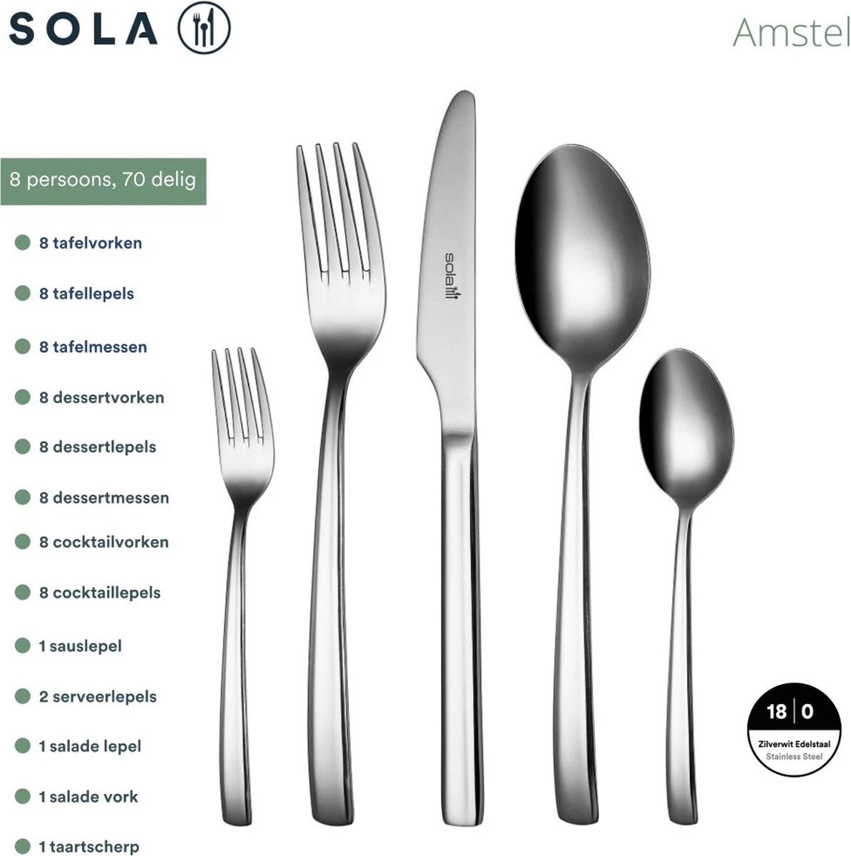 Sola Bestekset Amstel - Economy - 8 Persoons - 70 Delig - Zilver Chroomstaal 18/0 - RVS 4 Sola Bestekset Amstel - Economy - 8 Persoons - 70 Delig - Zilver Chroomstaal 18/0 - RVS - Afbeelding 4