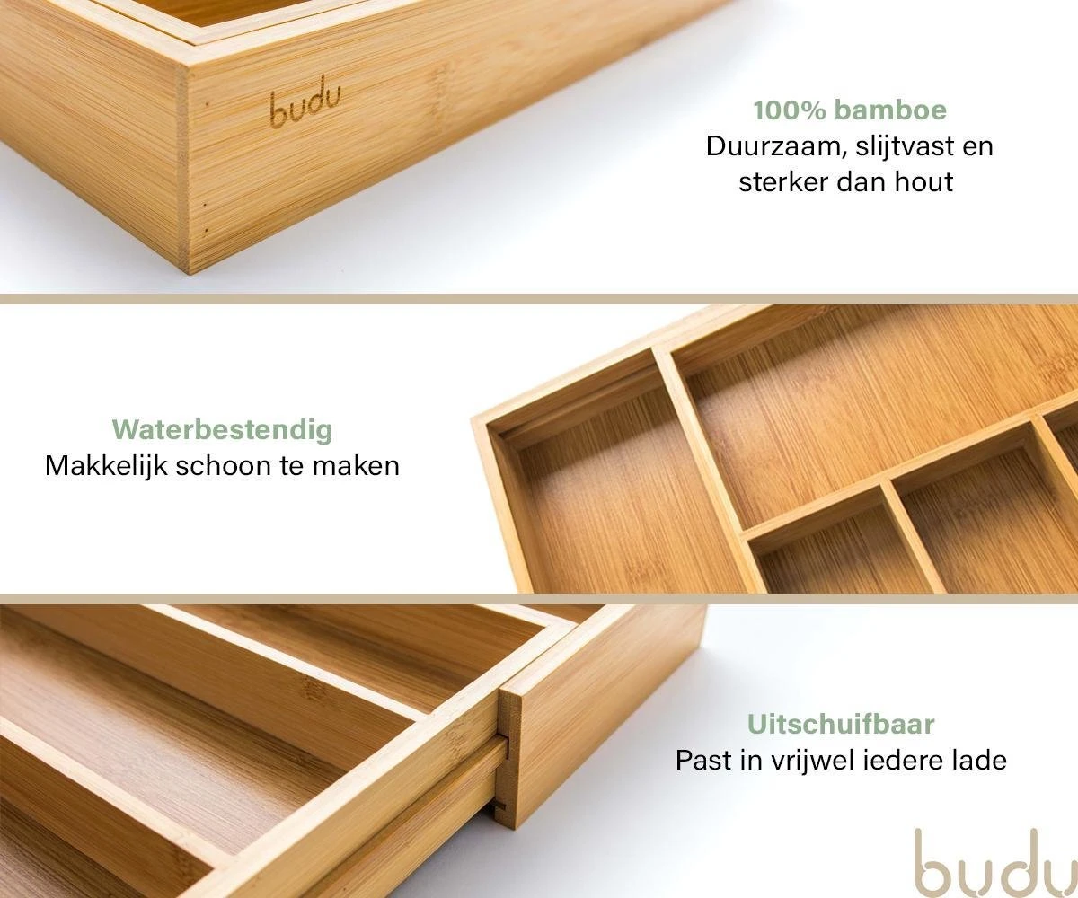 Budu Uitschuifbare Bamboe Bestekbak #38 (38 Cm Diep) - Bestekcassette Hout - Besteklade - 38 X 29,5 - 47,8 Cm - 5/7 Vakken 4 Budu Uitschuifbare Bamboe Bestekbak #38 (38 Cm Diep) - Bestekcassette Hout - Besteklade - 38 X 29,5 - 47,8 Cm - 5/7 Vakken - Afbeelding 4