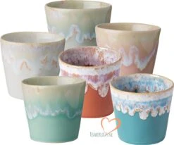 Costa Nova - Grespresso Servies - 6 Espresso Kopjes - Roze-Grijs-Azur-Red-Wit -Turquoise - Aardewerk - H 5.9 Cm
