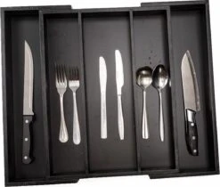 Merkloos Decopatent® Uitschuifbaar Bestekbak - Besteklade - 3 Vaks -> Uitschuifbaar Naar 5 Vakken - Bestekbakken Organizer - Bamboe - Zwart -Keukenheld Verkoopwinkel 1200x1018