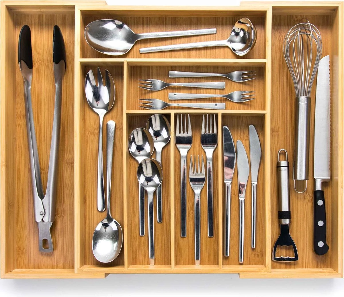 Budu Uitschuifbare Bamboe Bestekbak #43 (43 Cm Diep) - Bestekcassette Hout - Besteklade - 43 X 32,2 - 53 Cm - 6/8 Vakken 1 Budu Uitschuifbare Bamboe Bestekbak #43 (43 Cm Diep) - Bestekcassette Hout - Besteklade - 43 X 32,2 - 53 Cm - 6/8 Vakken