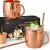 Gadgy Moscow Mule Bekers Set - 100% Koper - Cocktailset : 2 Cocktailglazen, 2 Rietjes & 1 Barmaatje
