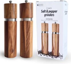 Luxe Peper En Zoutmolen Set - Pepermolen - Acacia Hout - RVS - 21cm Rond