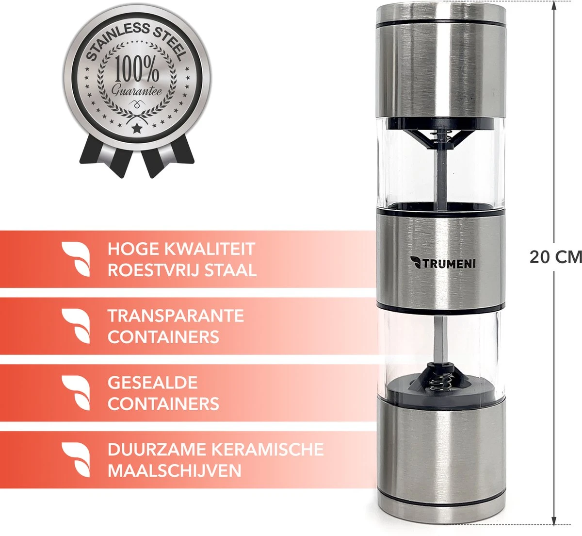 TRUMENI Dubbelzijdige Peper En Zoutmolen Set Inclusief Houder - Handmatige Pepermolen Met Instelbare Maalgraad - 2 Stuks Kruidenmolens 4 TRUMENI Dubbelzijdige Peper En Zoutmolen Set Inclusief Houder - Handmatige Pepermolen Met Instelbare Maalgraad - 2 Stuks Kruidenmolens - Afbeelding 4