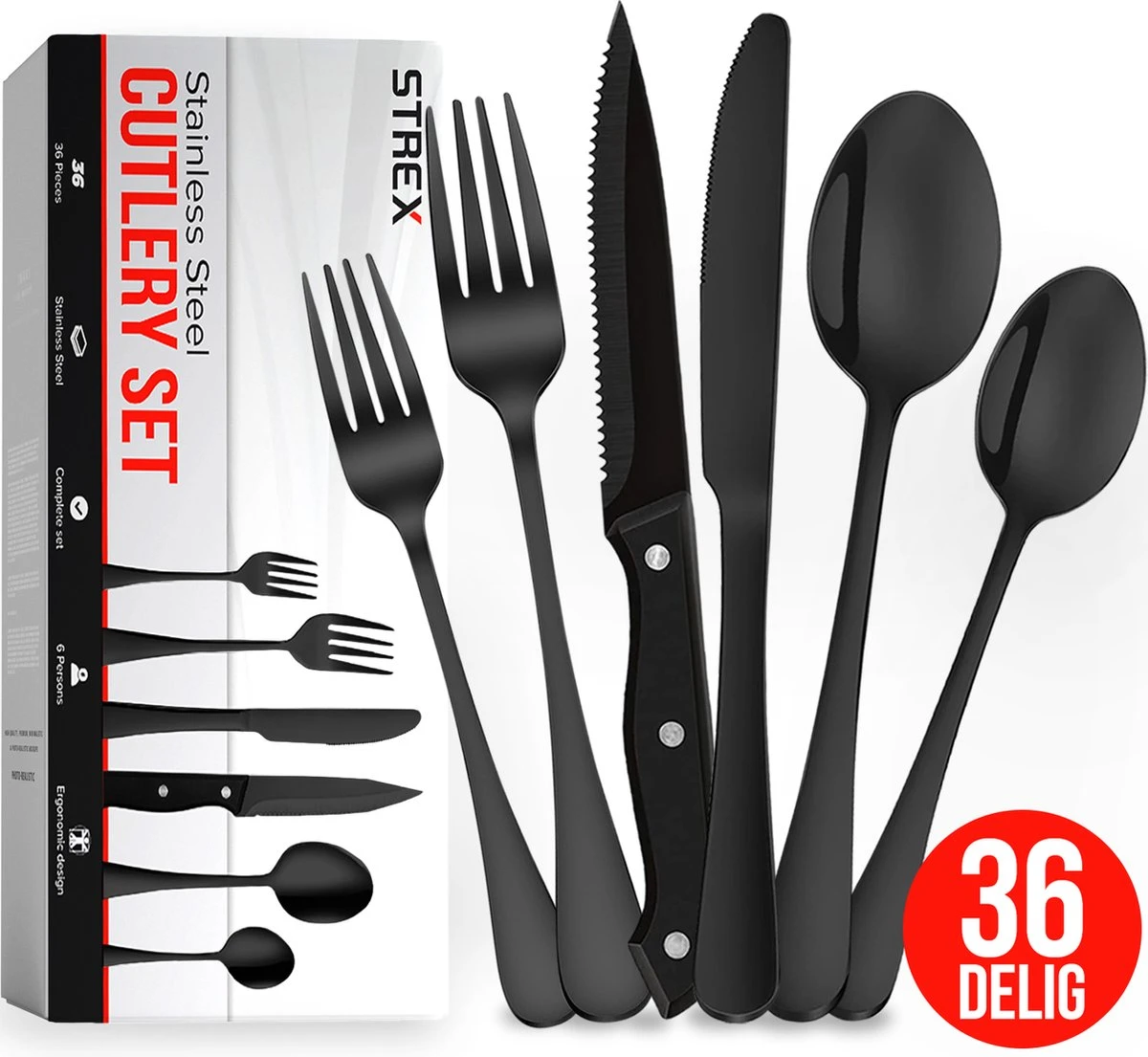 Strex Bestekset 6 Persoons - Zwart - 36-delig - Roestvrij Staal - Lepels, Messen, Vorken En Steakmessen - Hoogwaardige Kwaliteit 1 Strex Bestekset 6 Persoons - Zwart - 36-delig - Roestvrij Staal - Lepels, Messen, Vorken En Steakmessen - Hoogwaardige Kwaliteit