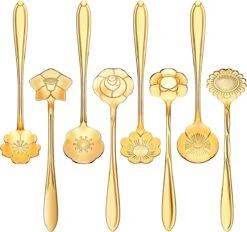 Fako Bijoux® - Bloemen Lepels Set - Theelepel / Koffielepel - 12cm - Goud - 8 Stuks