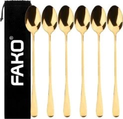 Fako Bijoux® - 6 Lange Lepels - Latte Macchiato - Longdrink - Cocktail - Dessert - IJs - Koffie - Goud - 6 Stuks - Bewaarzakje