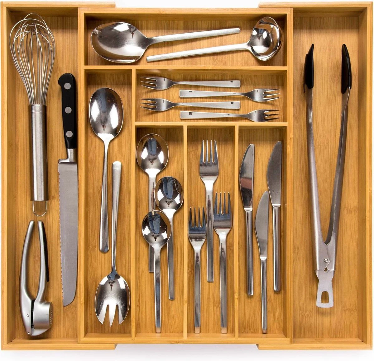 Budu Uitschuifbare Bamboe Bestekbak #47 (47 Cm Diep) - Bestekcassette Hout - Besteklade - 47 X 30,6 - 50 Cm - 6/8 Vakken 1 Budu Uitschuifbare Bamboe Bestekbak #47 (47 Cm Diep) - Bestekcassette Hout - Besteklade - 47 X 30,6 - 50 Cm - 6/8 Vakken