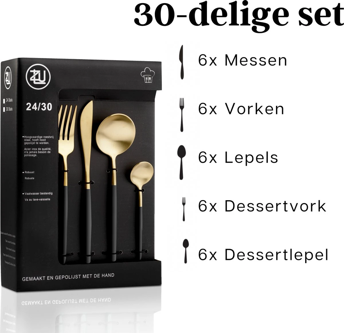LuZana - Bestek Set Goud - 30-delig - Bestekset 6 Persoons - Goud/zwart - Bestek - Borden - Bestekset Zwart 3 LuZana - Bestek Set Goud - 30-delig - Bestekset 6 Persoons - Goud/zwart - Bestek - Borden - Bestekset Zwart - Afbeelding 3
