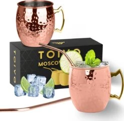 Toivo Moscow Mule Bekers Deluxe 2 Stuks - Brons - 500 Ml - Inclusief RVS Rietjes - Cocktailglas - Bekers