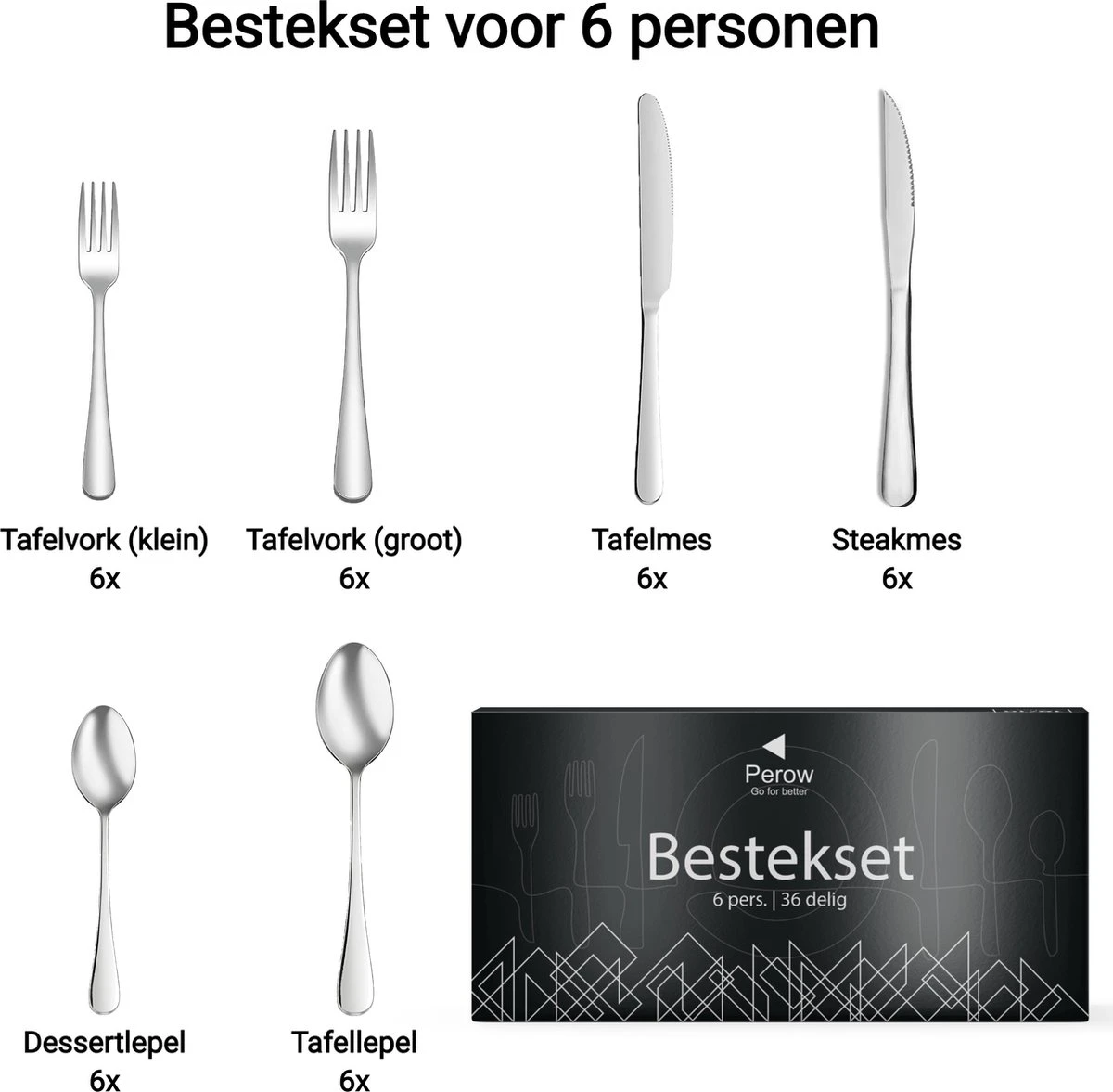 Perow 6 Persoons Bestekset – 36 Delig – 18/10 Edelstaal – Lepels, Messen, Vorken & Steakmessen – Vaatwasserbestendig – Zilver - Serviessets 3 Perow 6 Persoons Bestekset – 36 Delig – 18/10 Edelstaal – Lepels, Messen, Vorken & Steakmessen – Vaatwasserbestendig – Zilver - Serviessets - Afbeelding 3