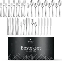 Perow 6 Persoons Bestekset – 36 Delig – 18/10 Edelstaal – Lepels, Messen, Vorken & Steakmessen – Vaatwasserbestendig – Zilver - Serviessets