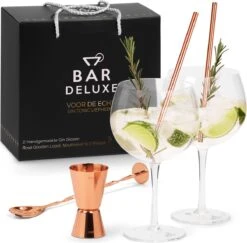 BarDeluxe® Gin Tonic Glazen - Gin Tonic Geschenkset - Handgeblazen - Gin Glazen - 2 Stuks - Gin Set - Kristal - Inclusief 2 Gin Glazen, Gin Tonic Lepel, Maatbeker, 2 RVS Rietjes & Receptenboekje