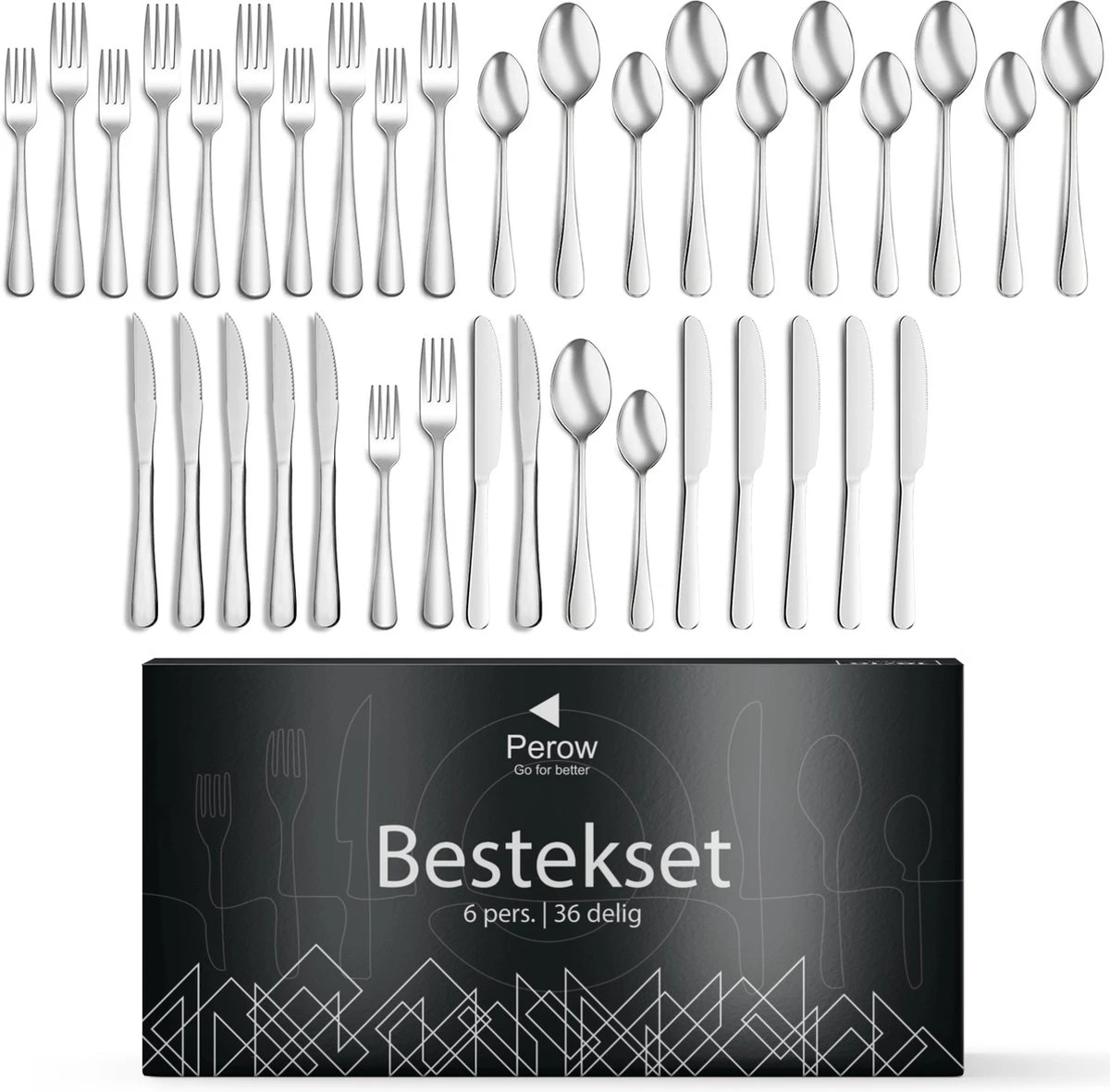 Perow 6 Persoons Bestekset – 36 Delig – 18/10 Edelstaal – Lepels, Messen, Vorken & Steakmessen – Vaatwasserbestendig – Zilver - Serviessets 1 Perow 6 Persoons Bestekset – 36 Delig – 18/10 Edelstaal – Lepels, Messen, Vorken & Steakmessen – Vaatwasserbestendig – Zilver - Serviessets