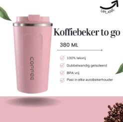Thermosbeker - Koffiebeker To Go - Travel Mug - Dubbelwandig, RVS & Lekvrij - Thermosbeker Koffie - 380 ML – Roze -Keukenheld Verkoopwinkel 1200x1184 3