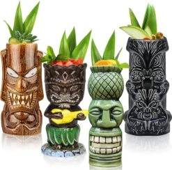 Tiki-mokken Glazen Tiki-mok Voor Cocktails, Set Van 4 Grote Keramische Tropische Bekers, Hawaïaanse Tiki-feestjes, Creatieve Cocktailglazen Voor Drankjes, Drinkgerei Voor Bar, Hoogwaardig Tropisch Exotisch Leuk Bargerei, 4 Stuks, Als Cadeau