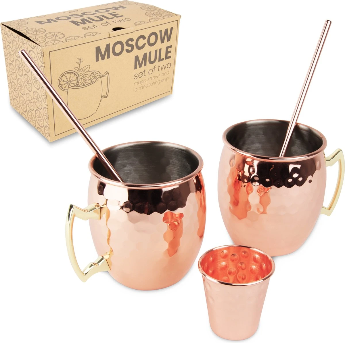 Ubian Moscow Mule Bekers – Inclusief 2 RVS Rietjes & 1 Barmaatje / Jigger – Koperen Beker – 2 Stuks 1 Ubian Moscow Mule Bekers – Inclusief 2 RVS Rietjes & 1 Barmaatje / Jigger – Koperen Beker – 2 Stuks