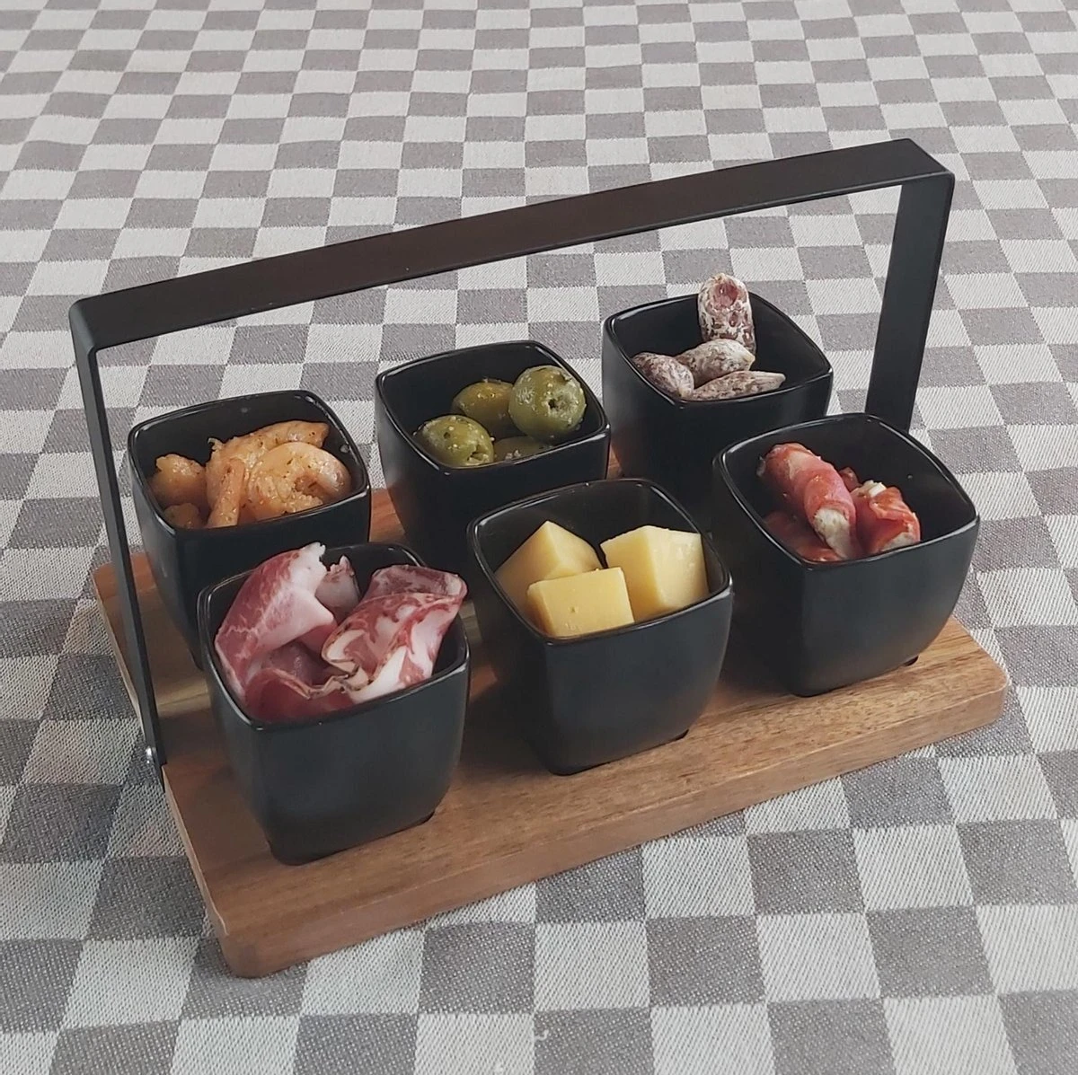 Mica Decorations - Luxe Tapas Set - 6 Zwarte Tapas Schaaltjes Op Houten Tapasplank - Servies - Borrelplank Olijfhout 3 Mica Decorations - Luxe Tapas Set - 6 Zwarte Tapas Schaaltjes Op Houten Tapasplank - Servies - Borrelplank Olijfhout - Afbeelding 3