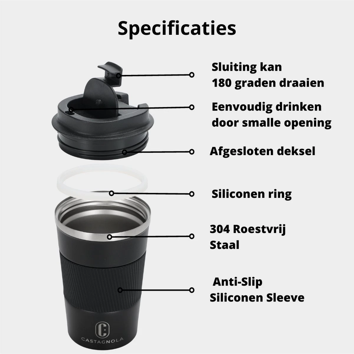 Castagnola Design RVS Koffiebeker To Go - Zwart - 380ml - Thermosbeker - Theebeker 5 Castagnola Design RVS Koffiebeker To Go - Zwart - 380ml - Thermosbeker - Theebeker - Afbeelding 5