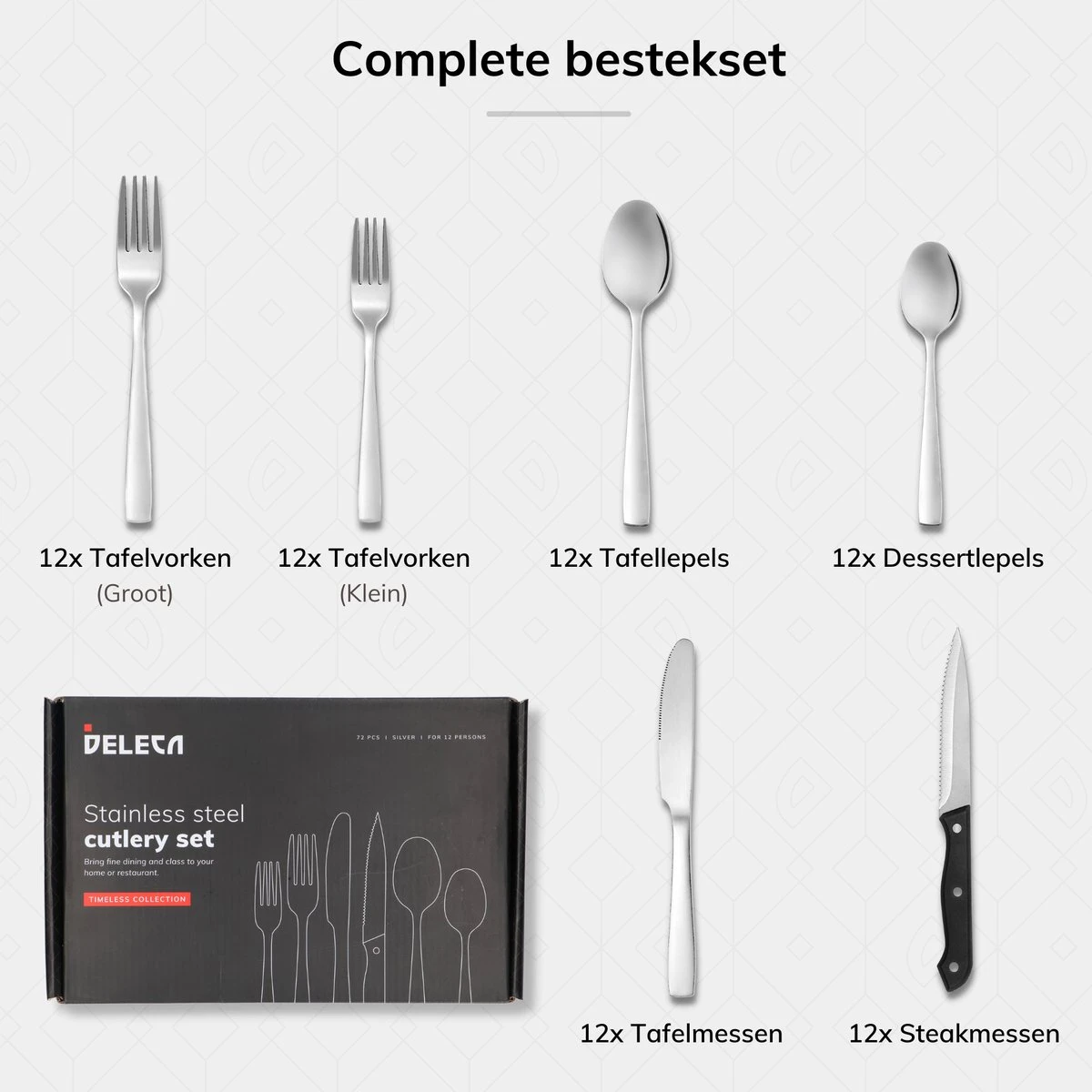 Deleca 12 Persoons Bestekset (72-delig) - Lepels, Messen, Vorken & Steakmessen - Vaatwasserbestendig - Zilver / RVS 10 Deleca 12 Persoons Bestekset (72-delig) - Lepels, Messen, Vorken & Steakmessen - Vaatwasserbestendig - Zilver / RVS - Afbeelding 10