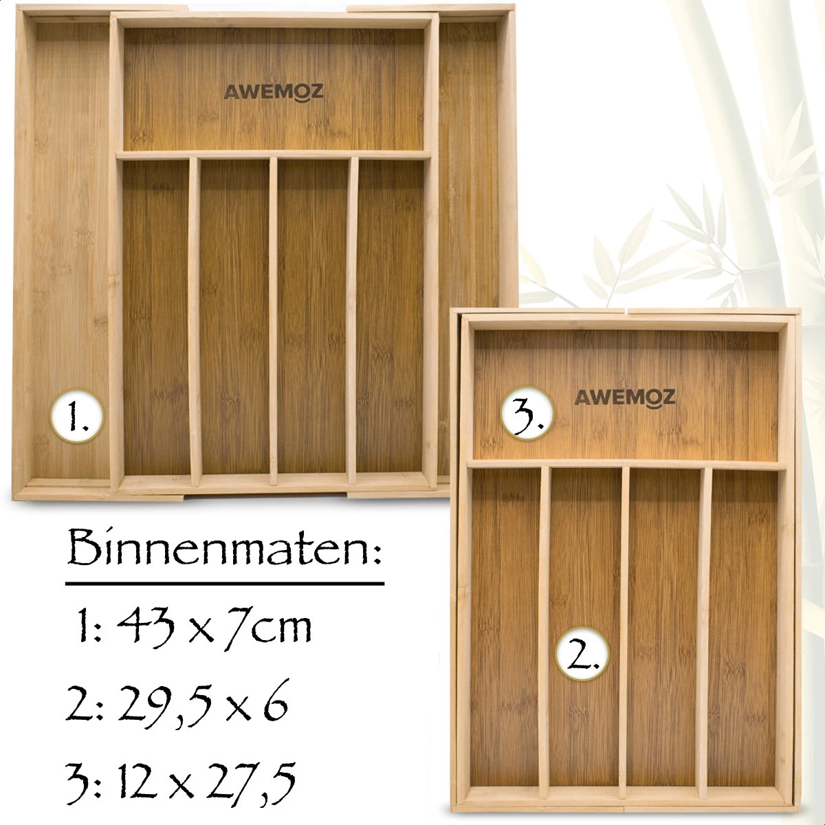 AWEMOZ Bestekbak – Bamboe Besteklade Uitschuifbaar – 5/7 Vakken - Bestekcassette - Bestekhouder Hout - Lade Organizer - Bestek Opbergen - 45 Cm Lang X 30-43 Cm Breed X 4 Cm Hoog 3 AWEMOZ Bestekbak – Bamboe Besteklade Uitschuifbaar – 5/7 Vakken - Bestekcassette - Bestekhouder Hout - Lade Organizer - Bestek Opbergen - 45 Cm Lang X 30-43 Cm Breed X 4 Cm Hoog - Afbeelding 3