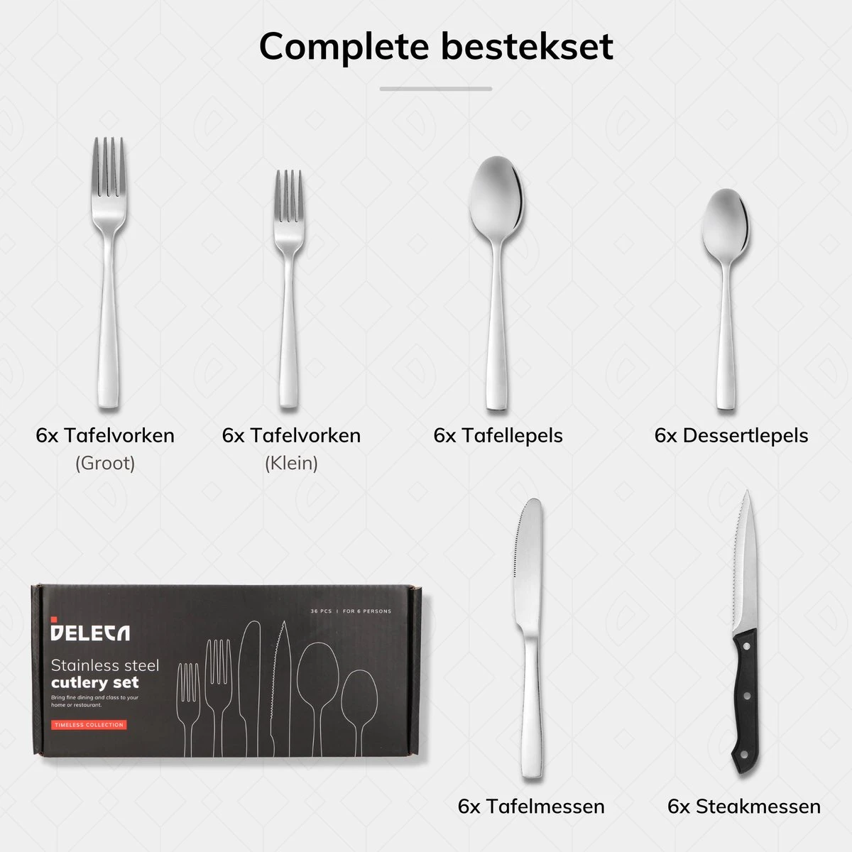 Deleca 6 Persoons Bestekset (36-delig) - Lepels, Messen, Vorken & Steakmessen - Vaatwasserbestendig - Zilver / RVS 10 Deleca 6 Persoons Bestekset (36-delig) - Lepels, Messen, Vorken & Steakmessen - Vaatwasserbestendig - Zilver / RVS - Afbeelding 10
