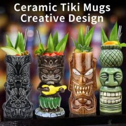 Tiki-mokken Glazen Tiki-mok Voor Cocktails, Set Van 4 Grote Keramische Tropische Bekers, Hawaïaanse Tiki-feestjes, Creatieve Cocktailglazen Voor Drankjes, Drinkgerei Voor Bar, Hoogwaardig Tropisch Exotisch Leuk Bargerei, 4 Stuks, Als Cadeau -Keukenheld Verkoopwinkel 1200x1200 591