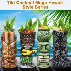 Tiki-mokken Glazen Tiki-mok Voor Cocktails, Set Van 4 Grote Keramische Tropische Bekers, Hawaïaanse Tiki-feestjes, Creatieve Cocktailglazen Voor Drankjes, Drinkgerei Voor Bar, Hoogwaardig Tropisch Exotisch Leuk Bargerei, 4 Stuks, Als Cadeau -Keukenheld Verkoopwinkel 1200x1200 593