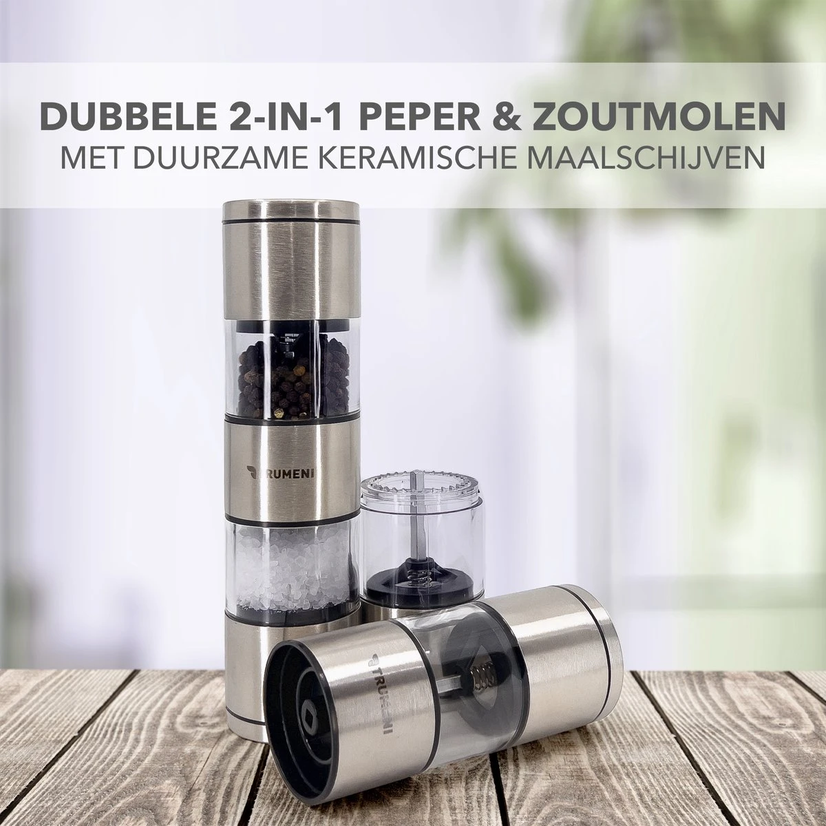 TRUMENI Dubbelzijdige Peper En Zoutmolen Set Inclusief Houder - Handmatige Pepermolen Met Instelbare Maalgraad - 2 Stuks Kruidenmolens 5 TRUMENI Dubbelzijdige Peper En Zoutmolen Set Inclusief Houder - Handmatige Pepermolen Met Instelbare Maalgraad - 2 Stuks Kruidenmolens - Afbeelding 5