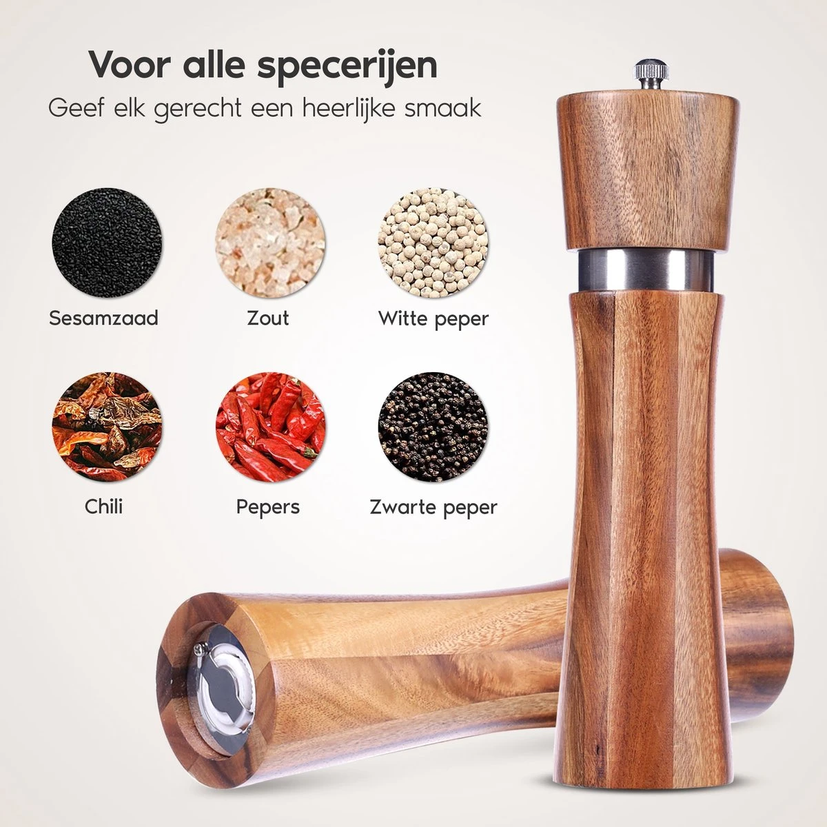 Luxe Peper En Zoutmolen Set - Pepermolen - Acacia Hout - RVS - 21cm 2 Luxe Peper En Zoutmolen Set - Pepermolen - Acacia Hout - RVS - 21cm - Afbeelding 2