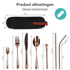 Damster Reisbestek - Verbeterde Versie - Meeneem Bestek Rvs - Reis Bestekset To Go - Incl. Herbruikbare Rietjes - Eenpersoons - Achtdelig - Roodgoud -Keukenheld Verkoopwinkel 1200x1200 89