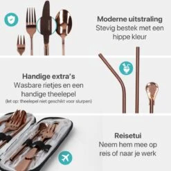 Damster Reisbestek - Verbeterde Versie - Meeneem Bestek Rvs - Reis Bestekset To Go - Incl. Herbruikbare Rietjes - Eenpersoons - Achtdelig - Roodgoud -Keukenheld Verkoopwinkel 1200x1200 90