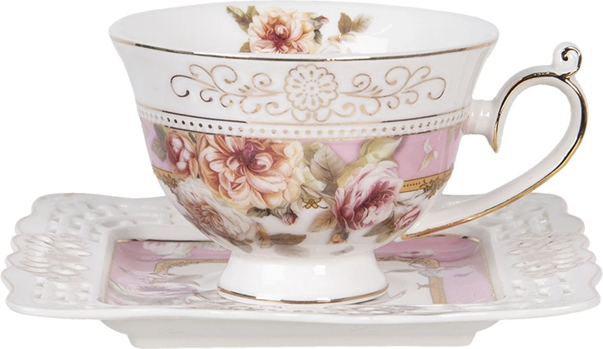 Clayre & Eef Kop En Schotel 200 Ml Roze Wit Porselein Rond Bloemen Servies Cadeau Voor Haar Cappuccino 1 Clayre & Eef Kop En Schotel 200 Ml Roze Wit Porselein Rond Bloemen Servies Cadeau Voor Haar Cappuccino