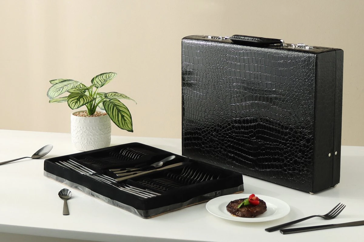 Swiss Pro+ Bestekset In Koffer-72 Delig-12 Persoons-Zwitsers Kwaliteit-Complete Set-100% Roestvrijstaal- Zwart 4 Swiss Pro+ Bestekset In Koffer-72 Delig-12 Persoons-Zwitsers Kwaliteit-Complete Set-100% Roestvrijstaal- Zwart - Afbeelding 4