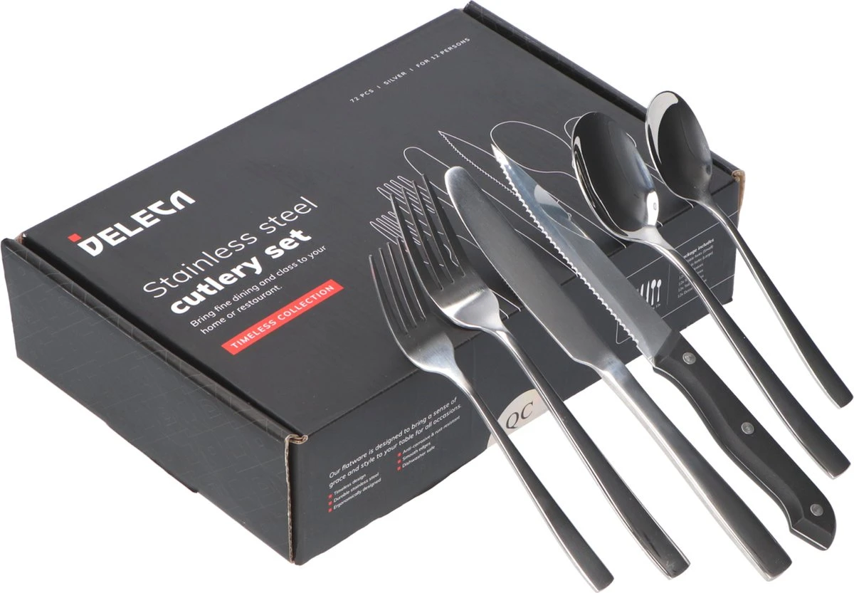 Deleca 12 Persoons Bestekset (72-delig) - Lepels, Messen, Vorken & Steakmessen - Vaatwasserbestendig - Zilver / RVS 9 Deleca 12 Persoons Bestekset (72-delig) - Lepels, Messen, Vorken & Steakmessen - Vaatwasserbestendig - Zilver / RVS - Afbeelding 9