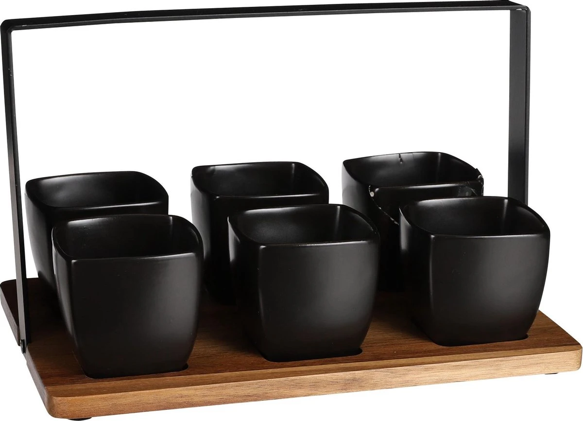 Mica Decorations - Luxe Tapas Set - 6 Zwarte Tapas Schaaltjes Op Houten Tapasplank - Servies - Borrelplank Olijfhout 1 Mica Decorations - Luxe Tapas Set - 6 Zwarte Tapas Schaaltjes Op Houten Tapasplank - Servies - Borrelplank Olijfhout