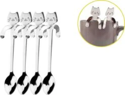 4 Theelepels Hangende Kat - Katten Koffielepel - RVS - Zilverkleurig