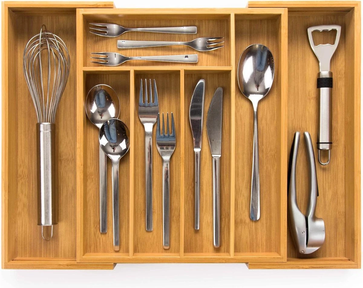 Budu Uitschuifbare Bamboe Bestekbak #33,5 (33,5 Cm Diep) - Bestekcassette Hout - Besteklade - 33,5 X 28 - 45 Cm - 5/7 Vakken 1 Budu Uitschuifbare Bamboe Bestekbak #33,5 (33,5 Cm Diep) - Bestekcassette Hout - Besteklade - 33,5 X 28 - 45 Cm - 5/7 Vakken