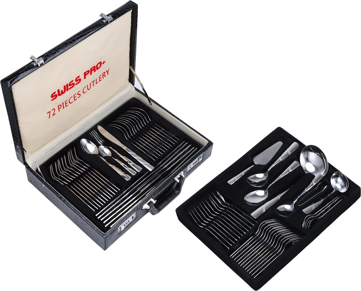 Swiss Pro+ Bestekset In Koffer-72 Delig-12 Persoons-Zwitsers Kwaliteit-Complete Set-100% Roestvrijstaal-Modern Gold 4 Swiss Pro+ Bestekset In Koffer-72 Delig-12 Persoons-Zwitsers Kwaliteit-Complete Set-100% Roestvrijstaal-Modern Gold - Afbeelding 4