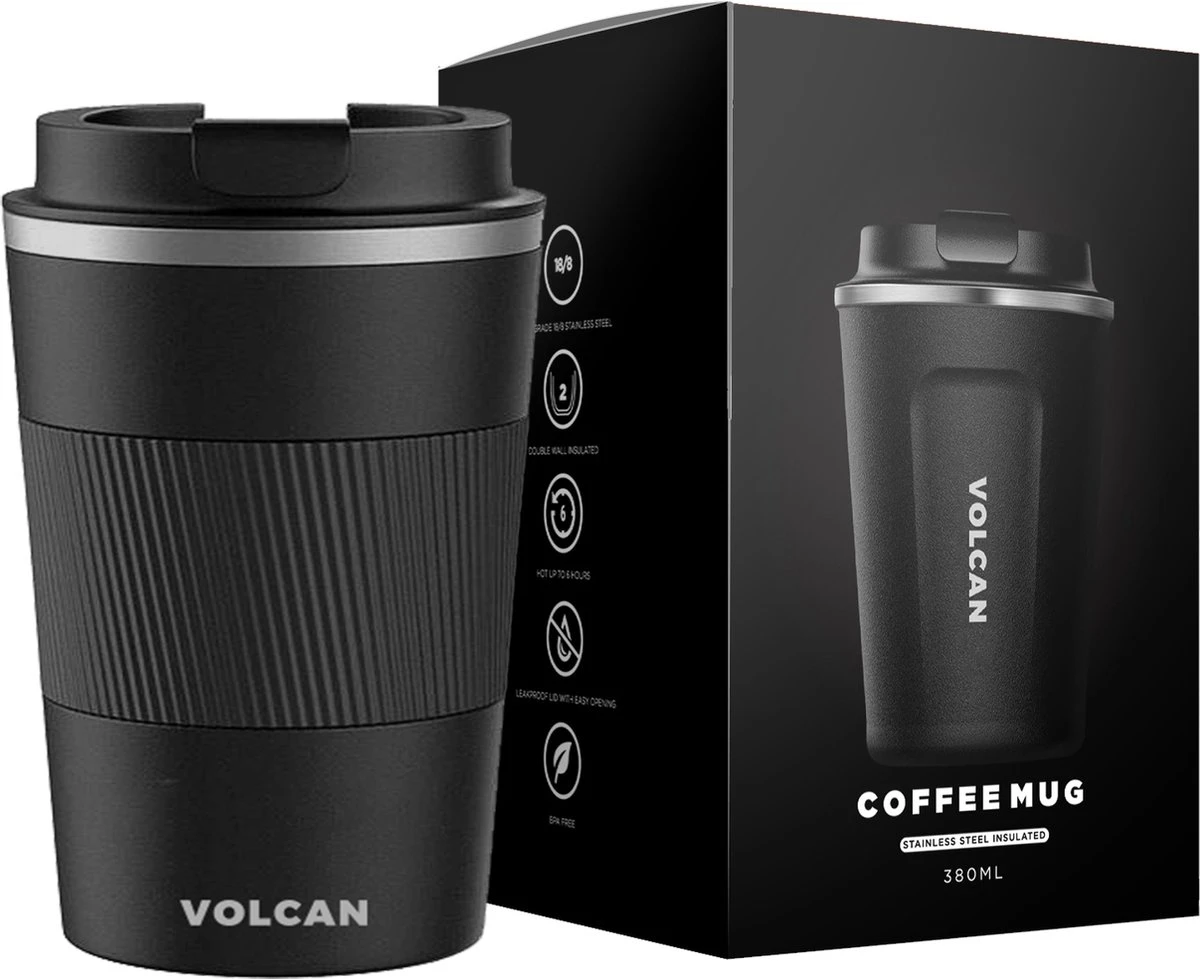 Volcan RVS Koffiebeker To Go Met Sleeve - Thermosbeker - Theebeker - Coffee - Zwart 1 Volcan RVS Koffiebeker To Go Met Sleeve - Thermosbeker - Theebeker - Coffee - Zwart