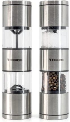 TRUMENI Dubbelzijdige Peper En Zoutmolen Set Inclusief Houder - Handmatige Pepermolen Met Instelbare Maalgraad - 2 Stuks Kruidenmolens