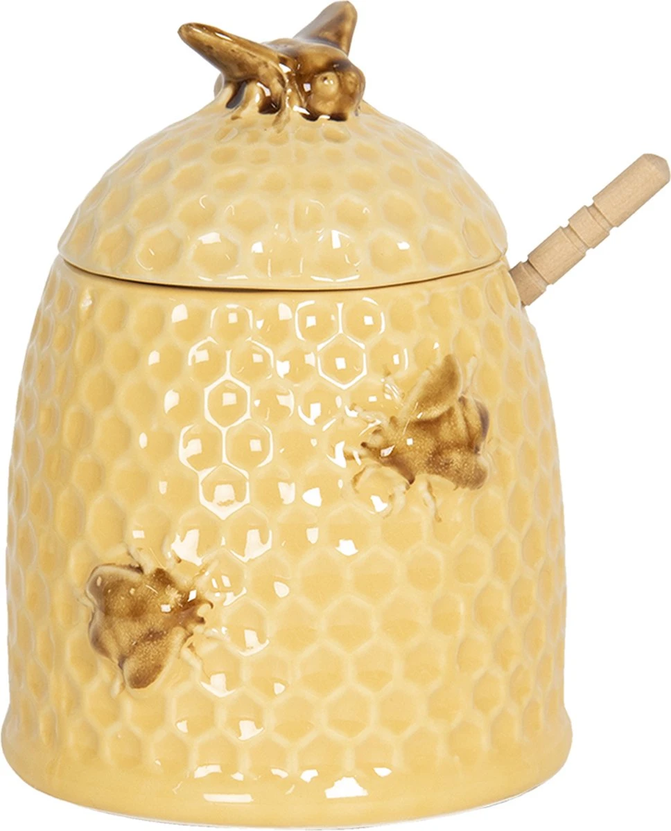 Clayre & Eef Honingpot Met Lepel Ø 11x14 Cm Geel Keramiek Rond Bijen Voorraadpot Deksel Bewaarpot Opbergpot 1 Clayre & Eef Honingpot Met Lepel Ø 11x14 Cm Geel Keramiek Rond Bijen Voorraadpot Deksel Bewaarpot Opbergpot